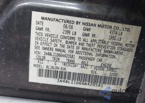 2006 Nissan Altima 3.5 Sl из США, поврежденный, VIN 1N4BL11D66N420581